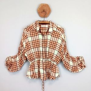 Free People We The Free Pacific Dawn Plaid Orange Drawstring Sleeve Button Down